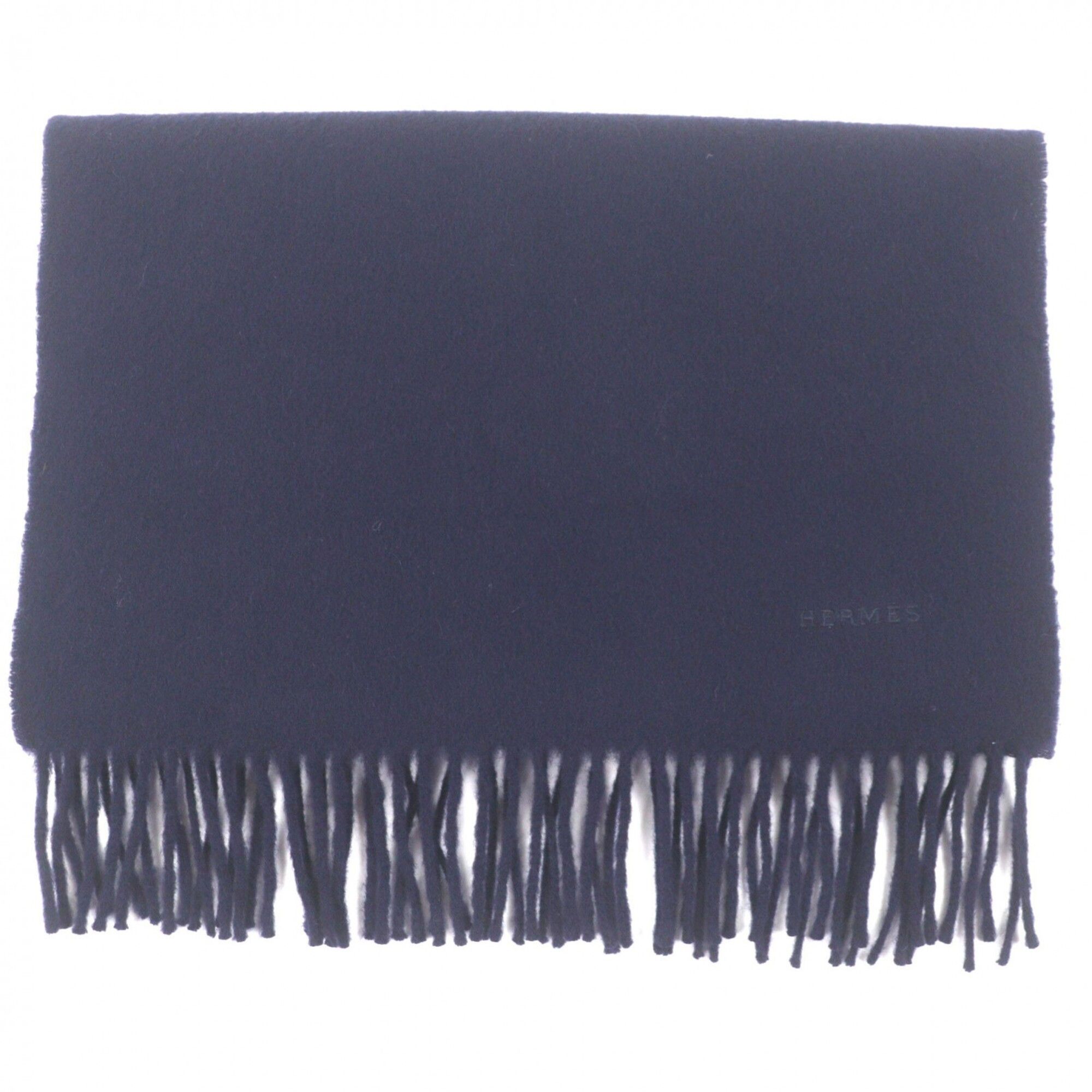 Hermes HERMES 100% Cashmere Scarf with Logo Embroidery and Fringe, Navy, Made in Scotland, Simple Design for Men Women. Size ONE SIZE - 1 Thumbnail