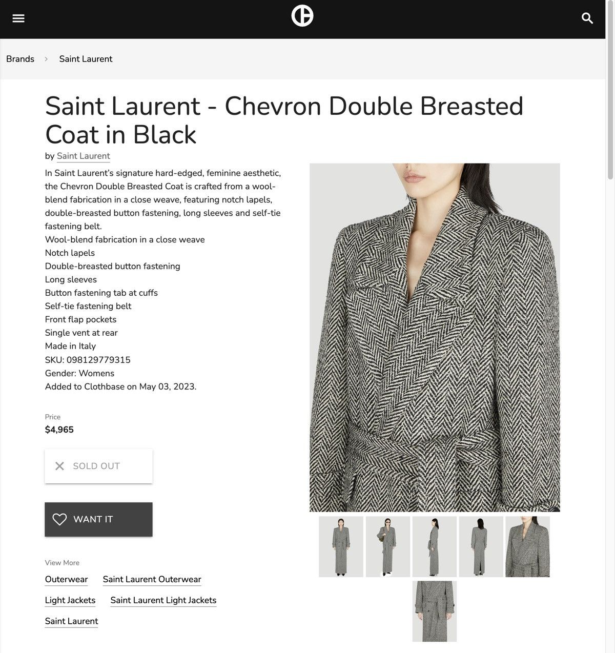Saint Laurent Paris × Yves Saint Laurent Saint Laurent Chevron Double Breasted Coat in Black Size S / US 4 / IT 40 - 5 Thumbnail