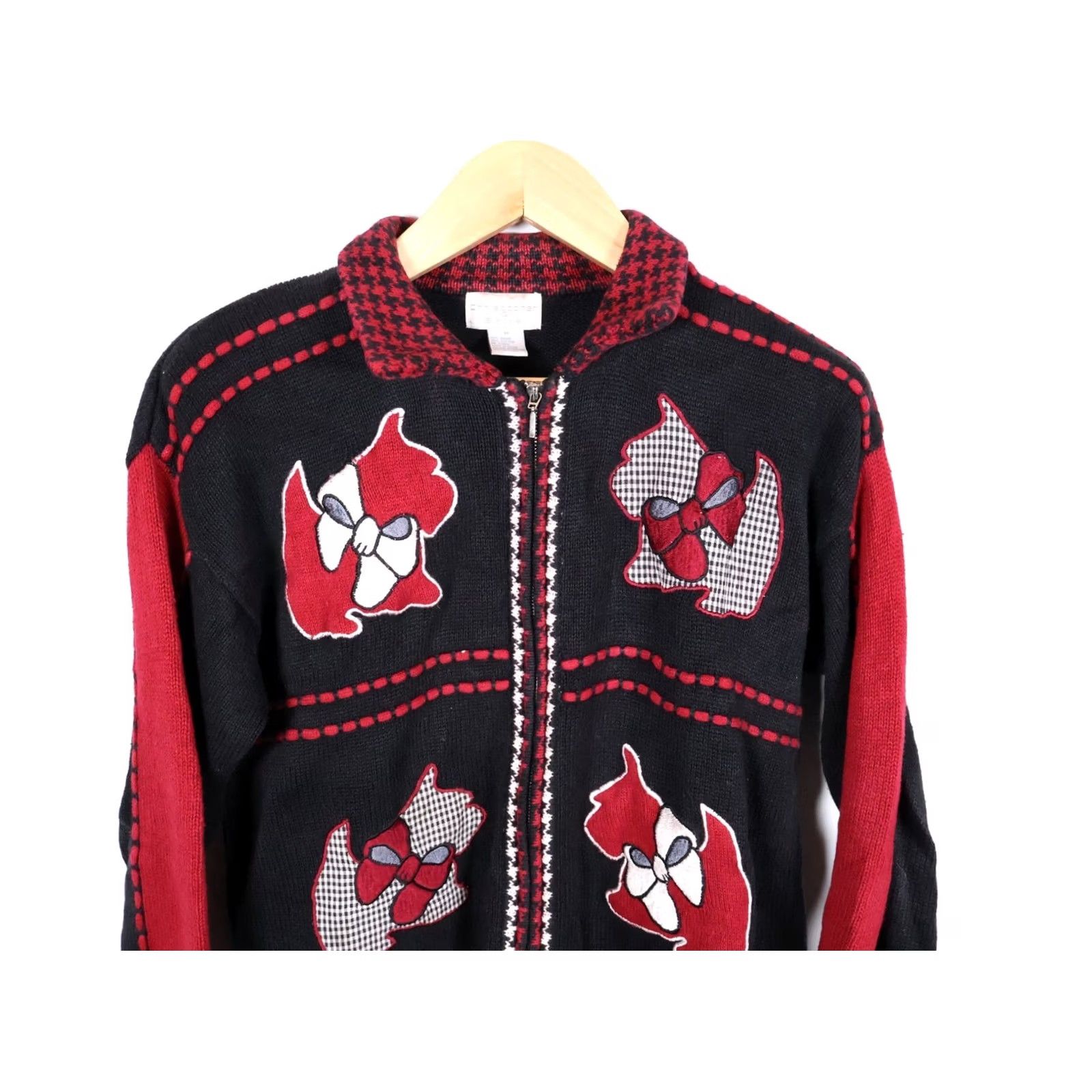 Vintage VINTAGE Scottie Terrier Motif Zip Cardigan Women's Medium Black Red Chunky Knit Sweater Size M / US 6-8 / IT 42-44 - 4 Thumbnail