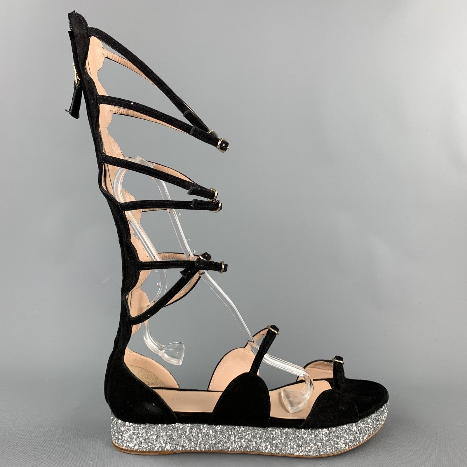 Giambattista Valli Size 8 Black Suede Glitter Gladiator Sandals Size US 8 / IT 38 - 2 Thumbnail