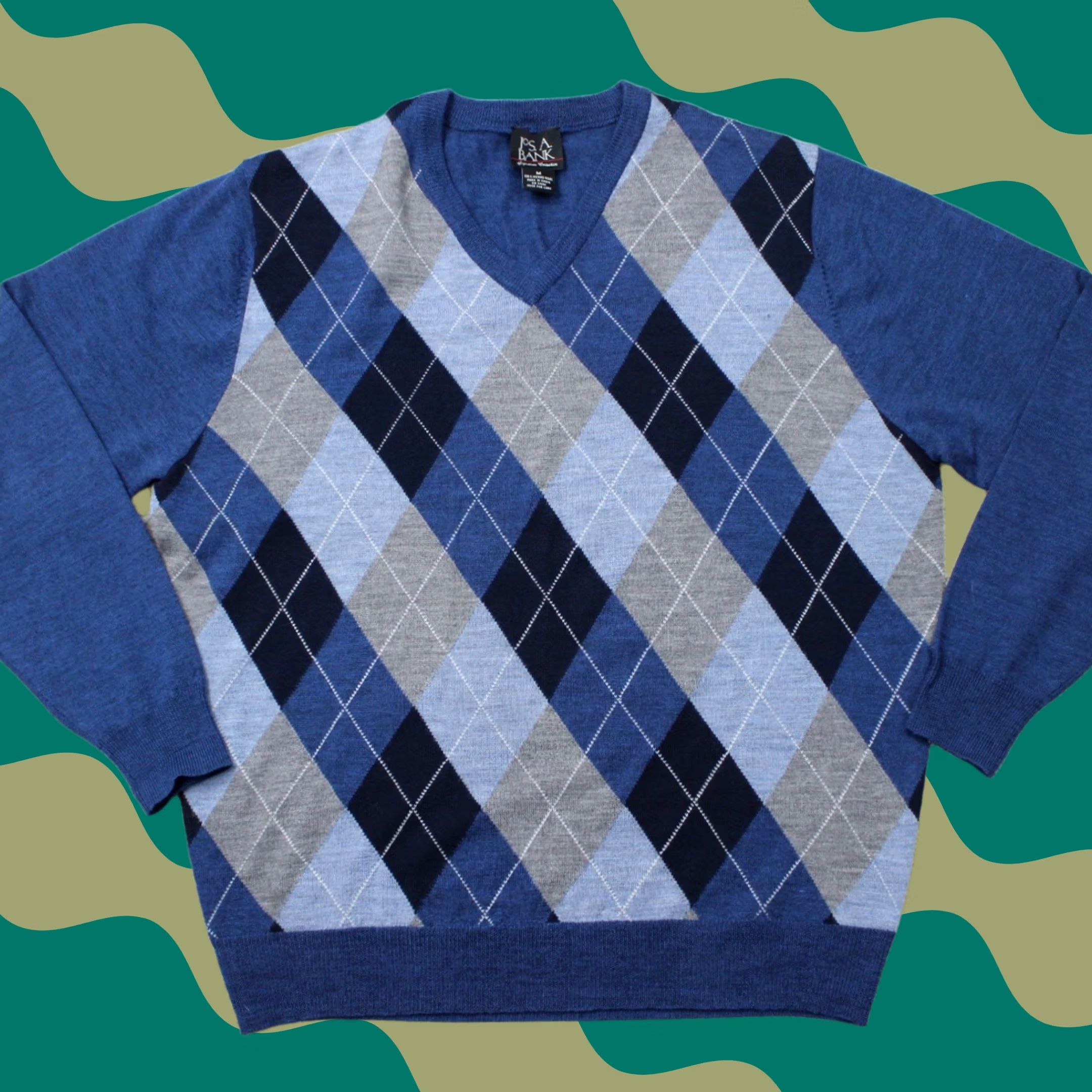 Jos. A. Bank Jos. A. Bank Sweater Mens Medium Blue Argyle 100% Merino Wool V-Neck Pullover Size US M / EU 48-50 / 2 - 1 Thumbnail