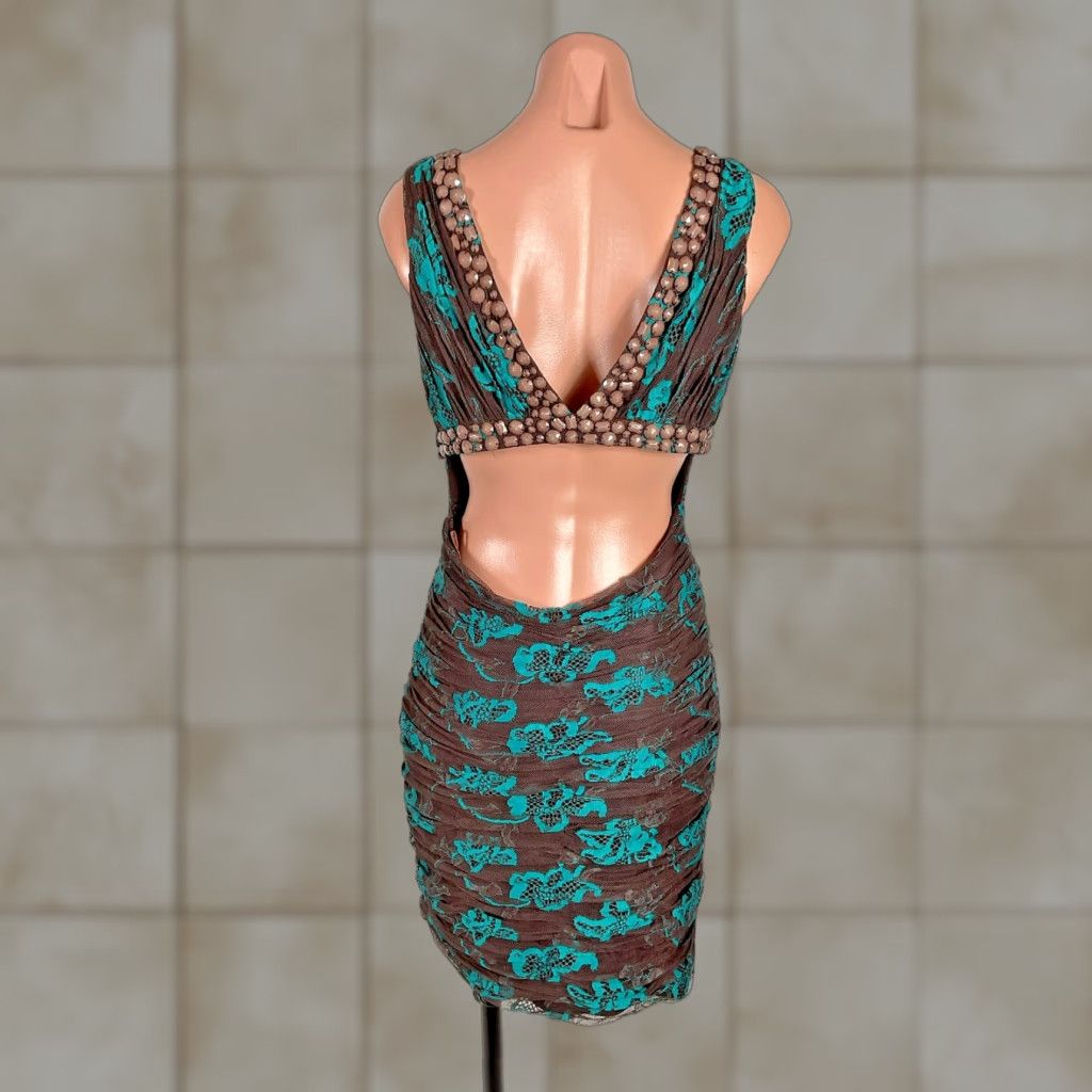 VINTAGE Jovani Dress Gown Backless Mini Evening Teal Brown Lace Embellished  Ruched Floral 8