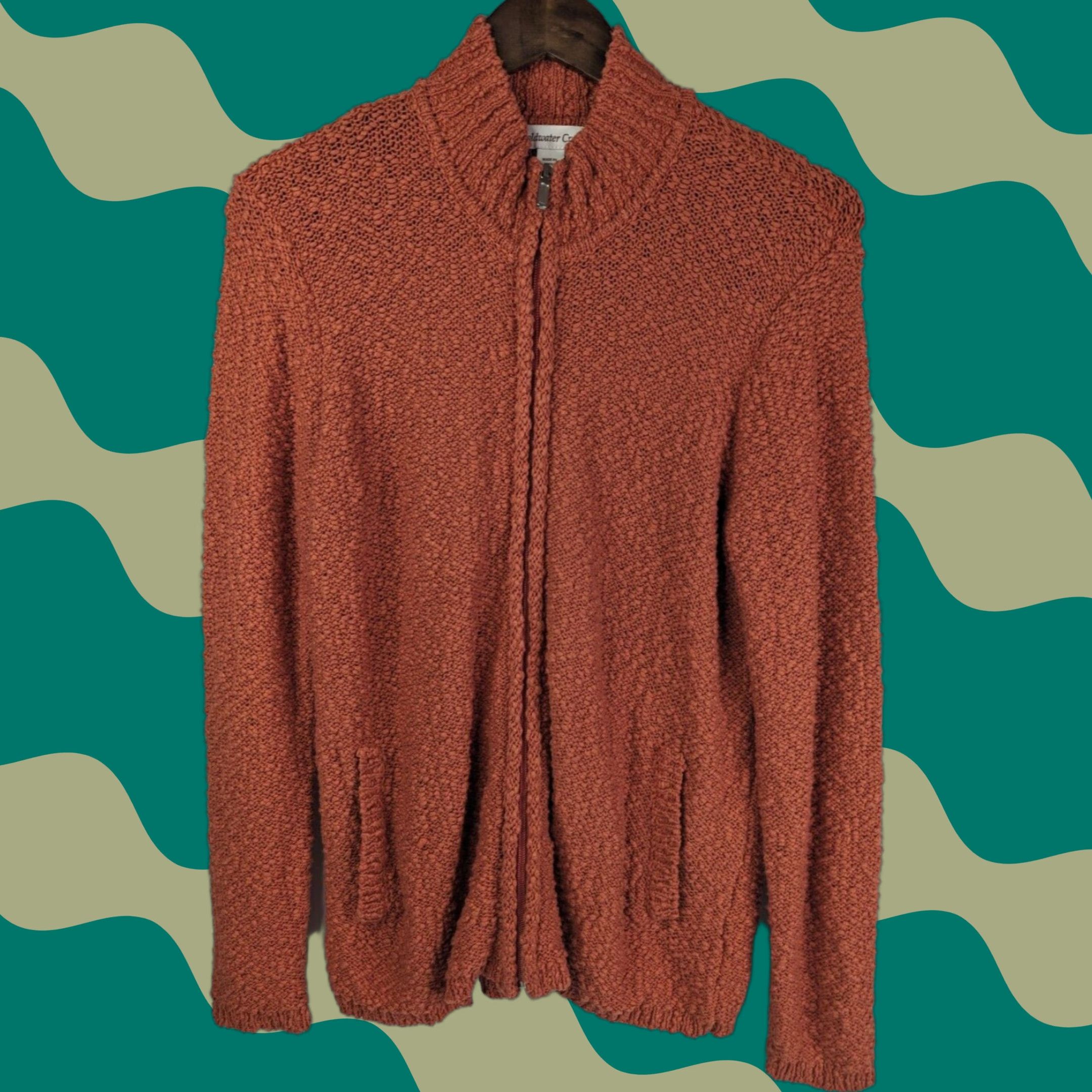 Coldwater Creek Coldwater Creek Cardigan Women’s Medium Orange Knobby Knit Mock Neck Zipper Pocket 90s Style Knit Open-Knit Casual Travel Sweater Size M / US 6-8 / IT 42-44 - 1 Thumbnail