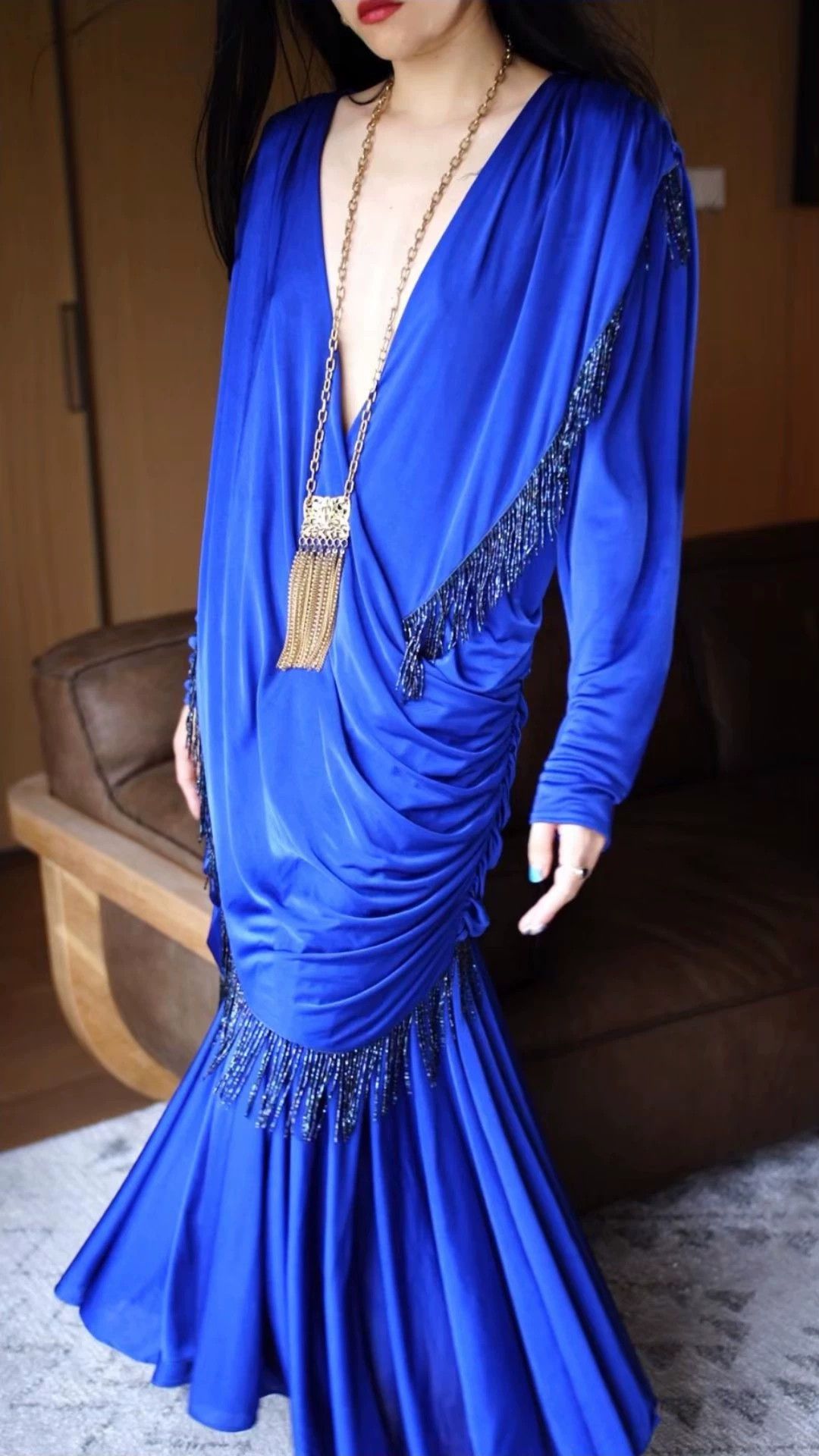 Vintage Vintage Klein Blue Pleated Beaded Tassel Dress Size L / US 10 / IT 46 - 1 Thumbnail