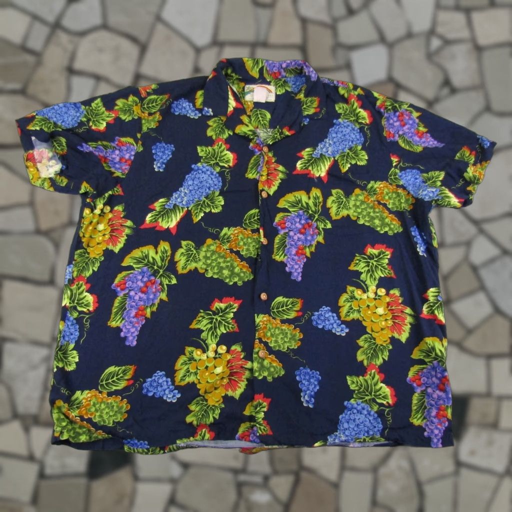 VINTAGE Paradise Found Hawaiian Shirt Mens XL Blue Grapevine Grapes Aloha Camp