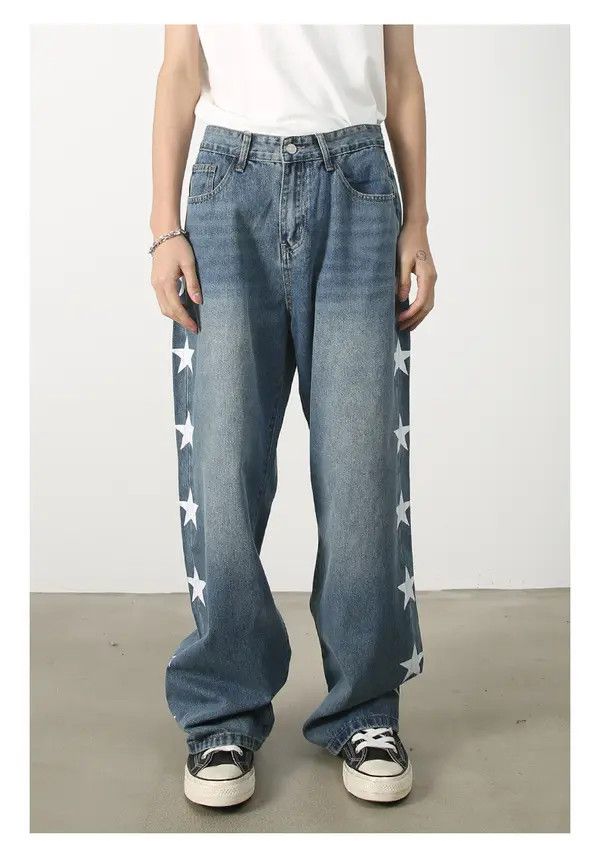 Japanese Brand Men's retro star print loose straight casual jeans Size US 32 / EU 48 - 7 Thumbnail