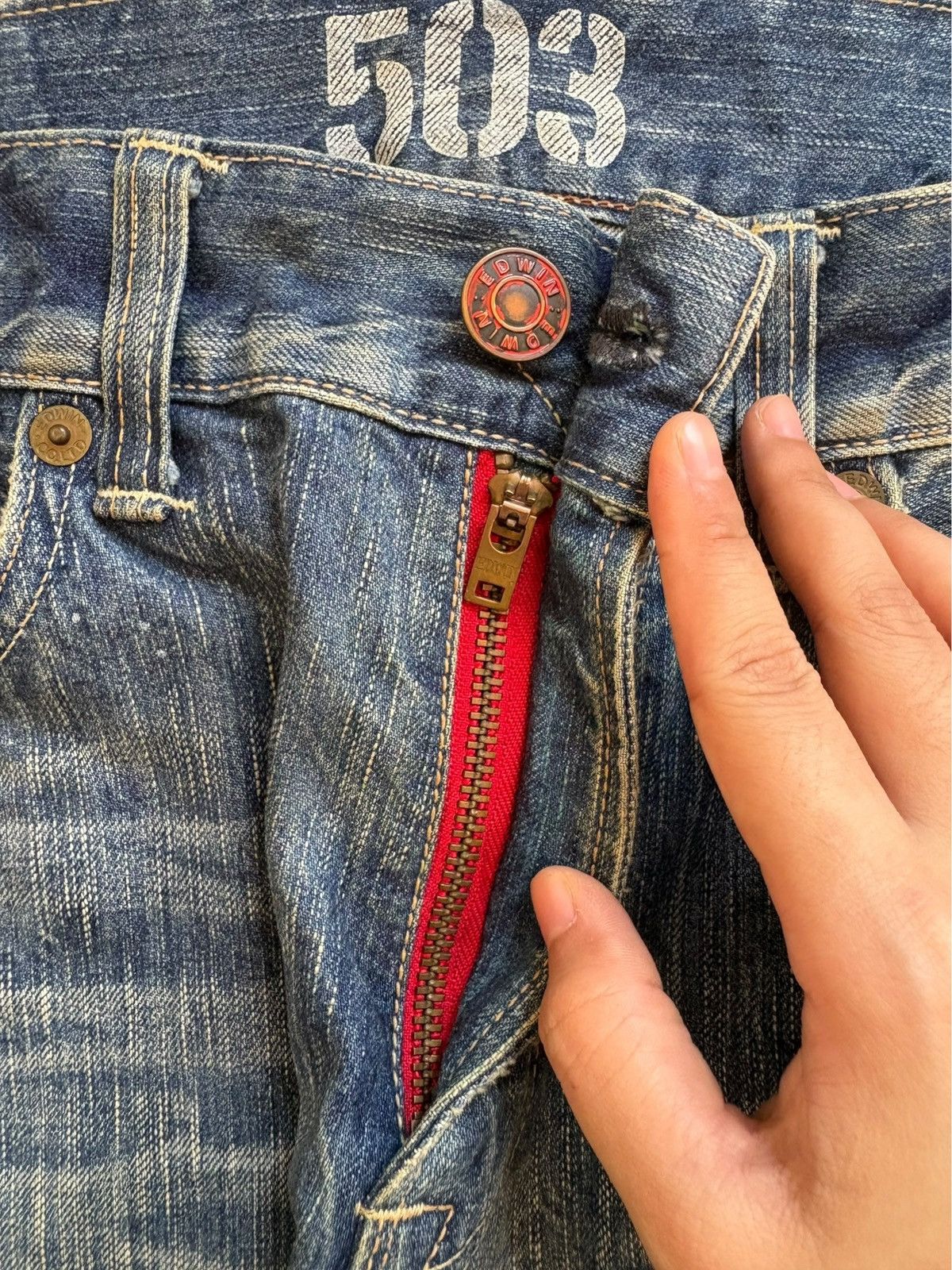 Edwin Vintage Edwin 503 Blue Trip Paint Mud Wash Rip Loose Jeans Size US 34 / EU 50 - 3 Thumbnail
