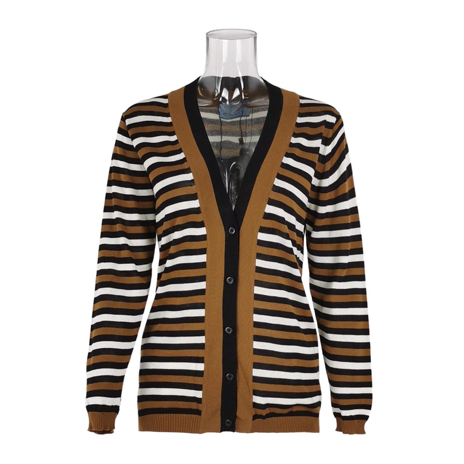 Prada Prada Striped V-Neck Knit Cardigan in Brown 0089 Size M / US 6-8 / IT 42-44 - 1 Thumbnail