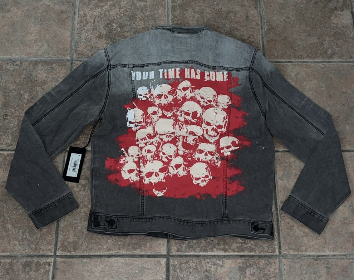 Designer Distressed denim jacket with skulls and red splatter design Size US XL / EU 56 / 4 - 2 Thumbnail