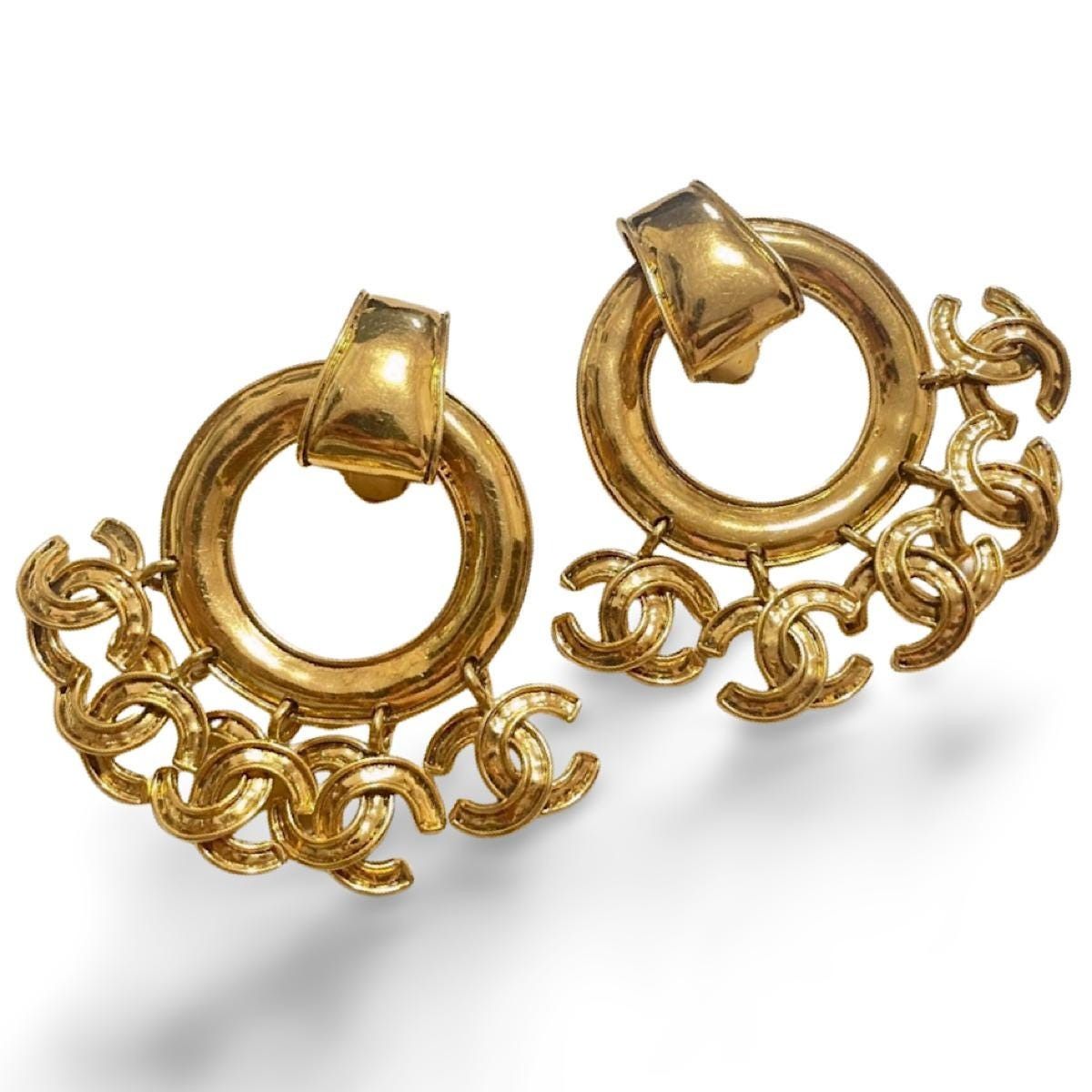 Vintage CHANEL large hoop dangle earrings with cc