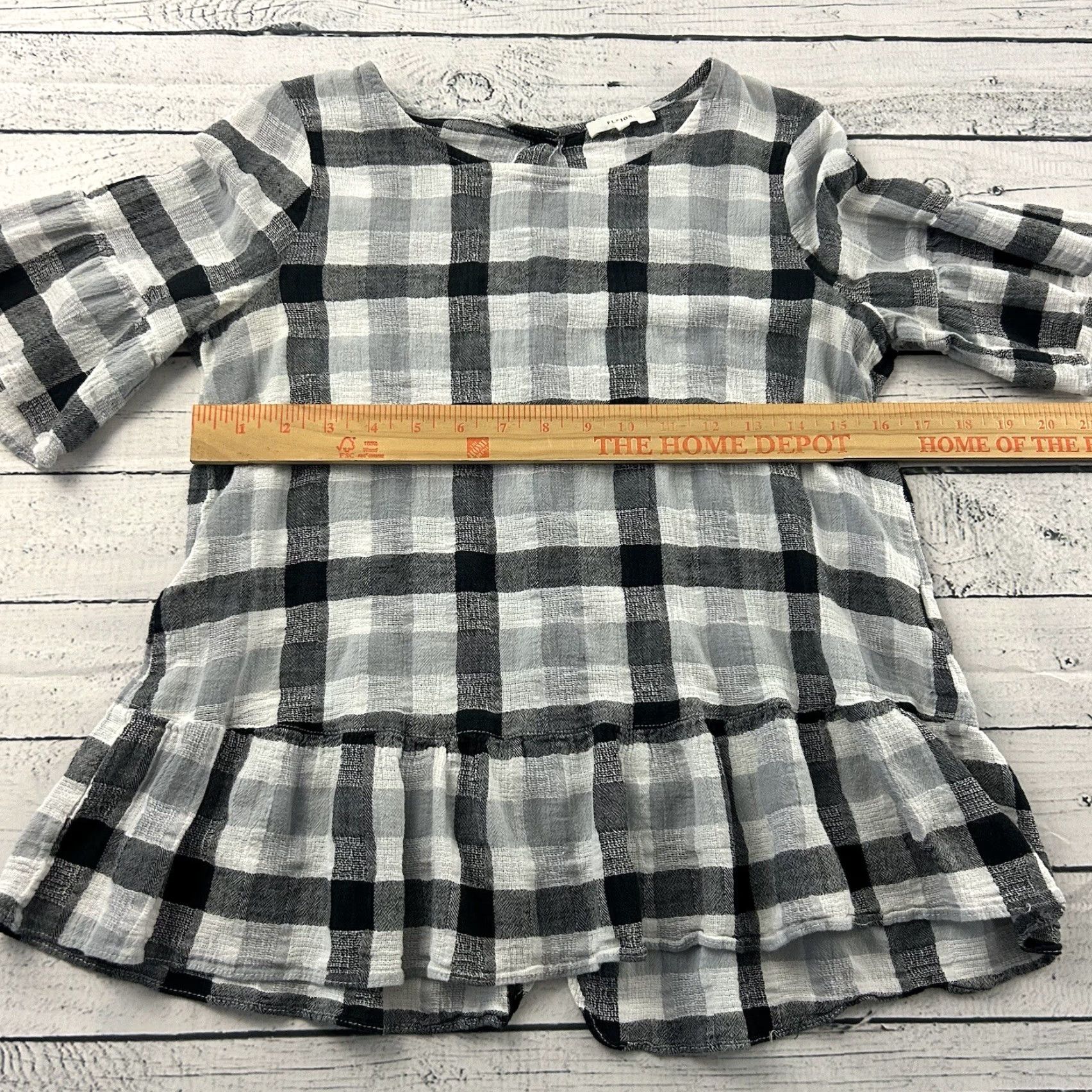 Vintage Pleione Plaid Short Ruffle Sleeve Linen Cotton Top Women's XS Black White Size XS / US 0-2 / IT 36-38 - 4 Thumbnail