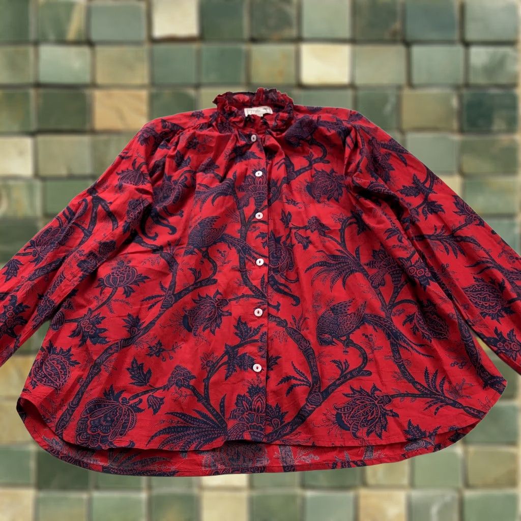 Vintage Mille Resort & Travel Shirt Womens XS Red Ruffled Neck Button Long Sleeve Floral HRJ Size XS / US 0-2 / IT 36-38 - 1 Thumbnail
