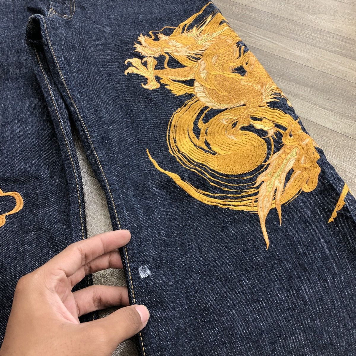 Ed Hardy SOLD📦 70/100 Karakuri Tamashii Dragon Gold Embroidered Jeans Size US 36 / EU 52 - 6 Thumbnail