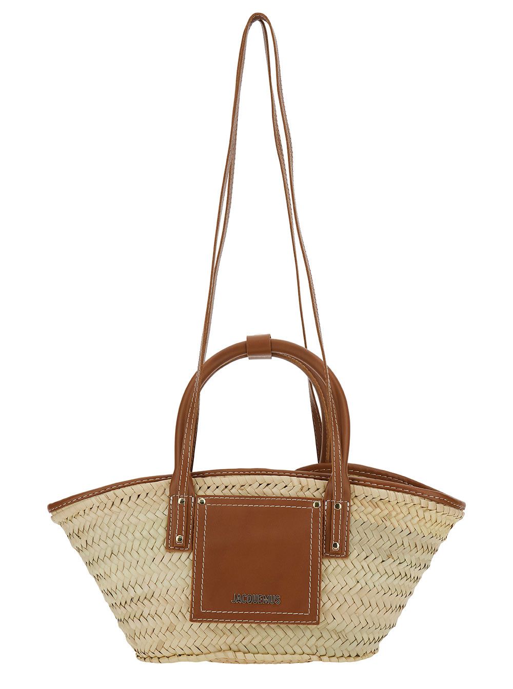 Jacquemus 'le Panier Soli' Beige And Brown Tote Bag With Patch Pocket And Logo In Straw And Leather Woman, Women's