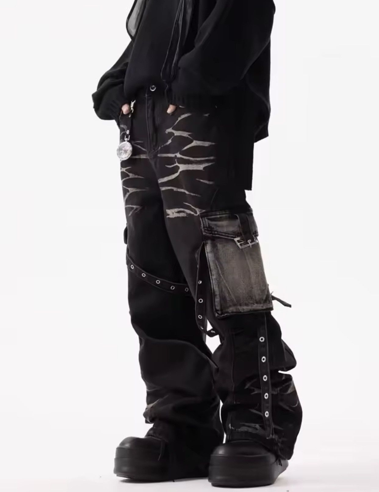 Denime × Jean Cyber Y2K Streetwear Ripple Strap Baggy Cargo Jeans Pants Size US 33 - 6 Thumbnail