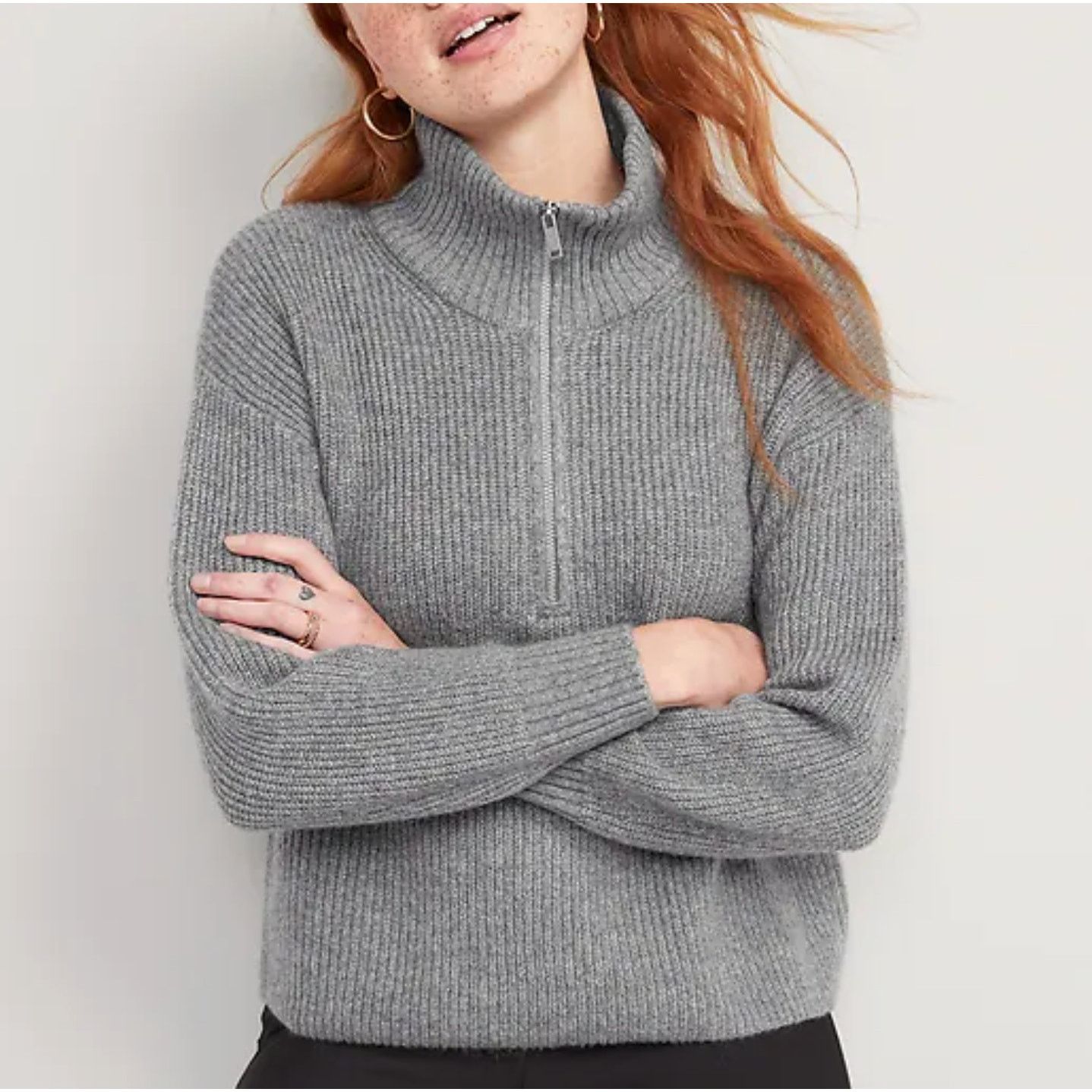 Old Navy Old Navy Gray Ribbed Knit Quarter Zip Sweater Medium Preppy Size M / US 6-8 / IT 42-44 - 2 Thumbnail