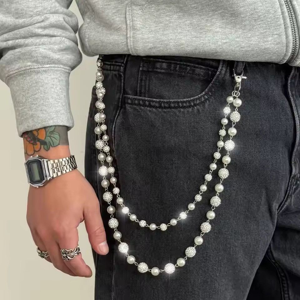 Jewelry Double Layer Pearl & Rhinestone Disco Ball Pant Chain - Size ONE SIZE - 2 Thumbnail