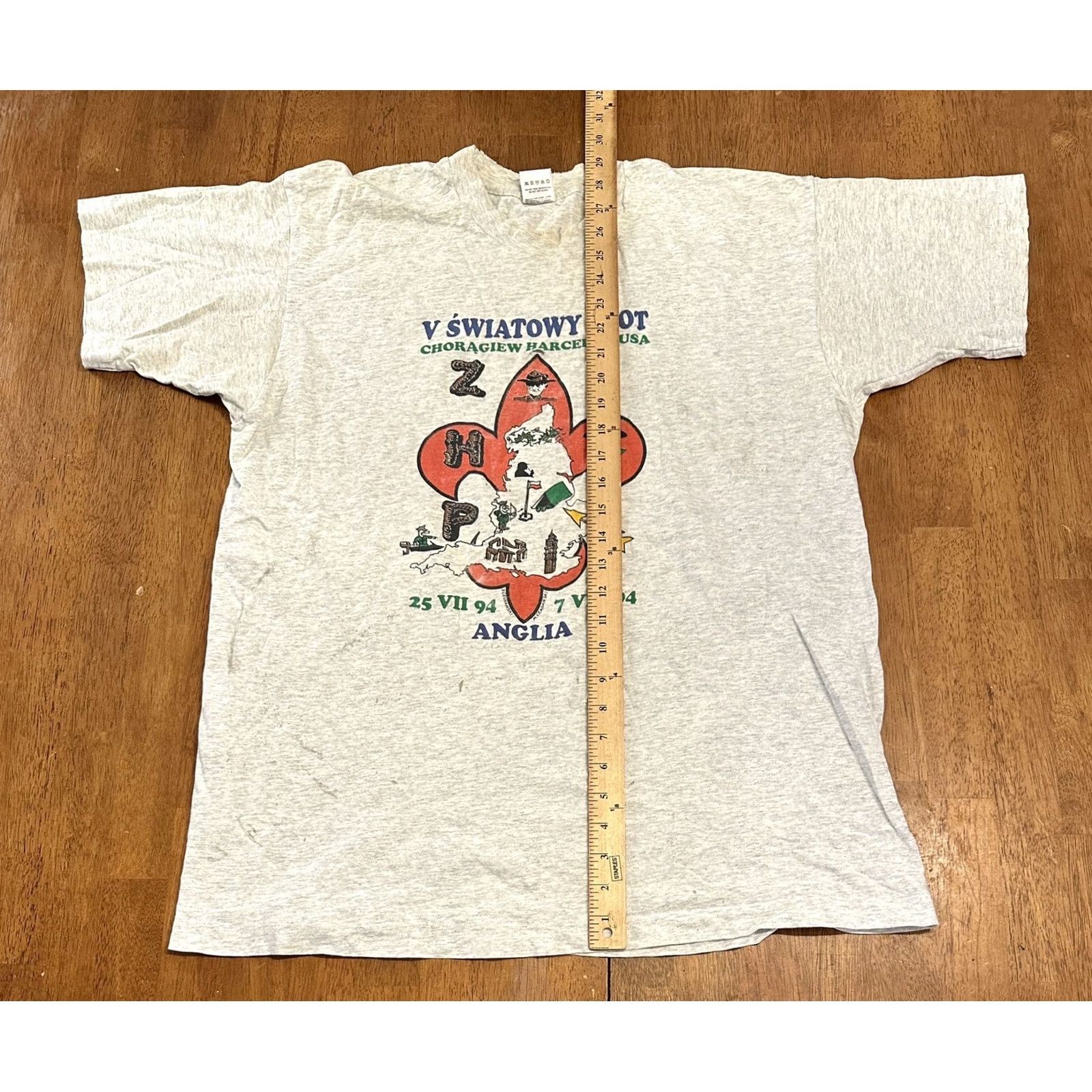 Fruit Of The Loom VINTAGE Polish T Shirt Scout Banner World Rally 1994 XL Gray Mens 90s Single Stitch Size US XL / EU 56 / 4 - 8 Thumbnail