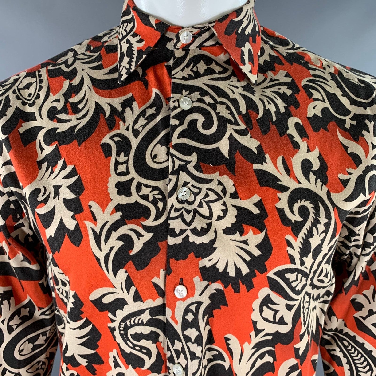 Etro Size M Orange Black Khaki Abstract Floral Long Sleeve Shirt Size US M / EU 48-50 / 2 - 2 Thumbnail