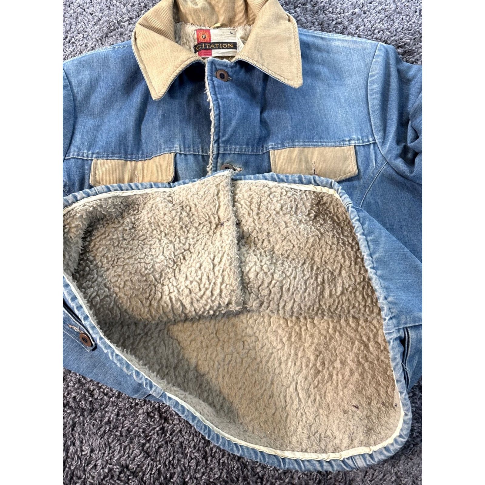 Denime VINTAGE Citations Denim Jacket Mens L Trucker Sherpa Light Wash Western 70s Blue Cotton Outer Shell Denim Biker Theme Men Size US L / EU 52-54 / 3 - 5 Thumbnail