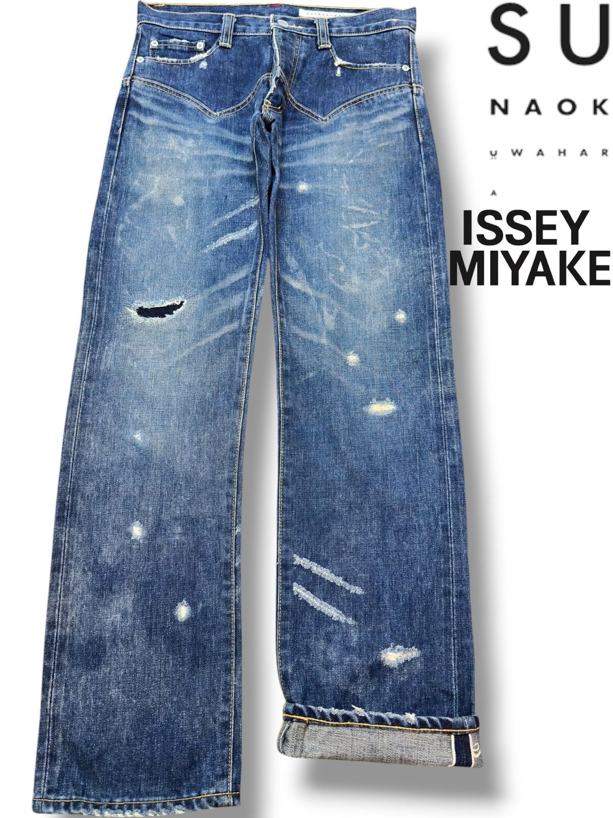 Issey Miyake Vintage Sunaokuwahara Selvedge Ripped Distressed Denim Size US 29 - 1 Thumbnail