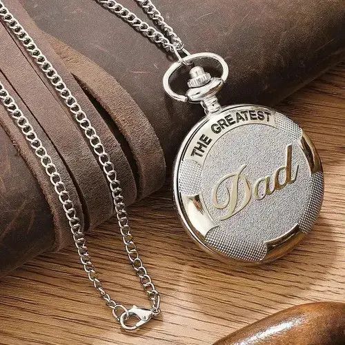 Vintage The Greatest Dad Quartz Pocket Watch Fob Chain Necklace in Silver, Men's