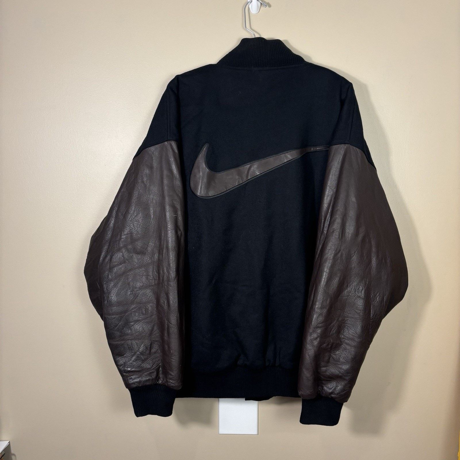 Nike Vintage 90s Nike Black Big Swoosh Leather Bomber Jacket M