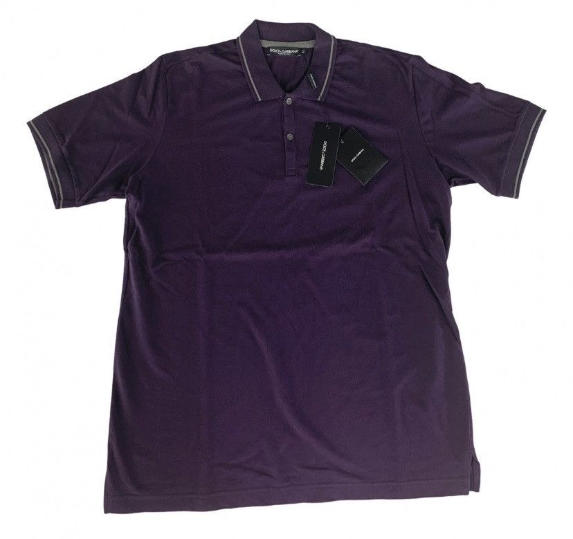 Dolce & Gabbana 🇮🇹 Purple Leather Logo Bar Polo Shirt 54e NWT