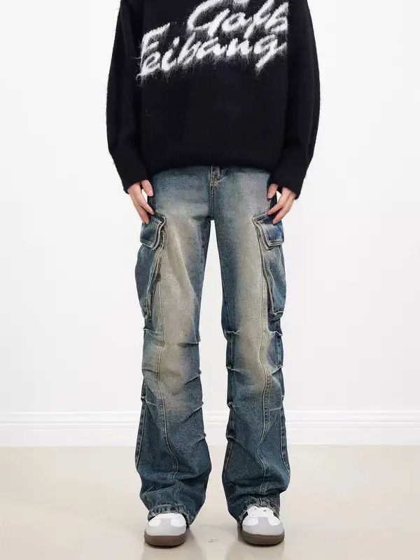 Japanese Brand VIBE washed pocket pleated micro-flare baggy jeans Size US 29 - 6 Thumbnail