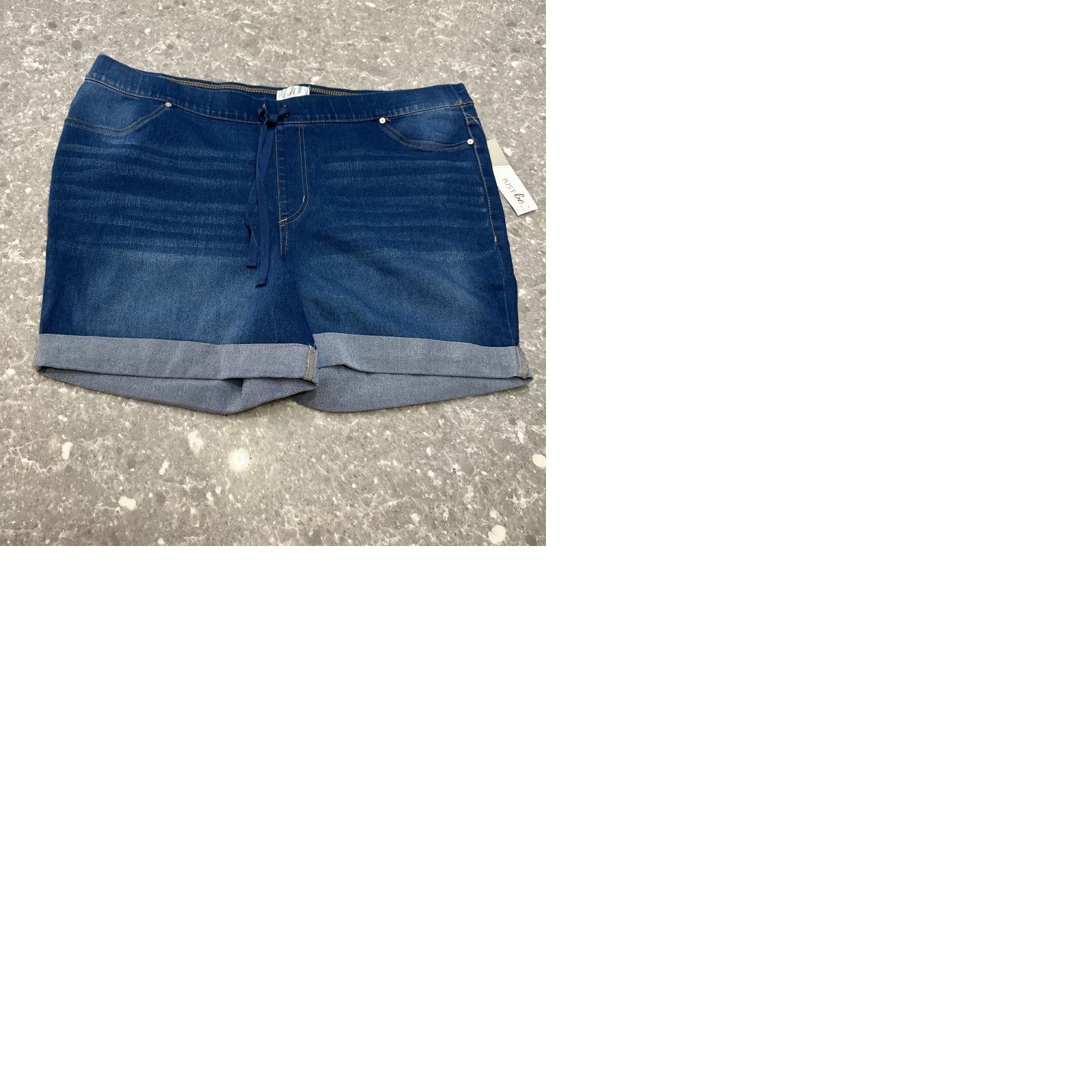 Denime Just Be Shorts 3X Denim Blue Cotton Blend Stretch Pull On Waist Drawcord Pocket Faux Front Casual Size 40" / US 18 - 9 Thumbnail