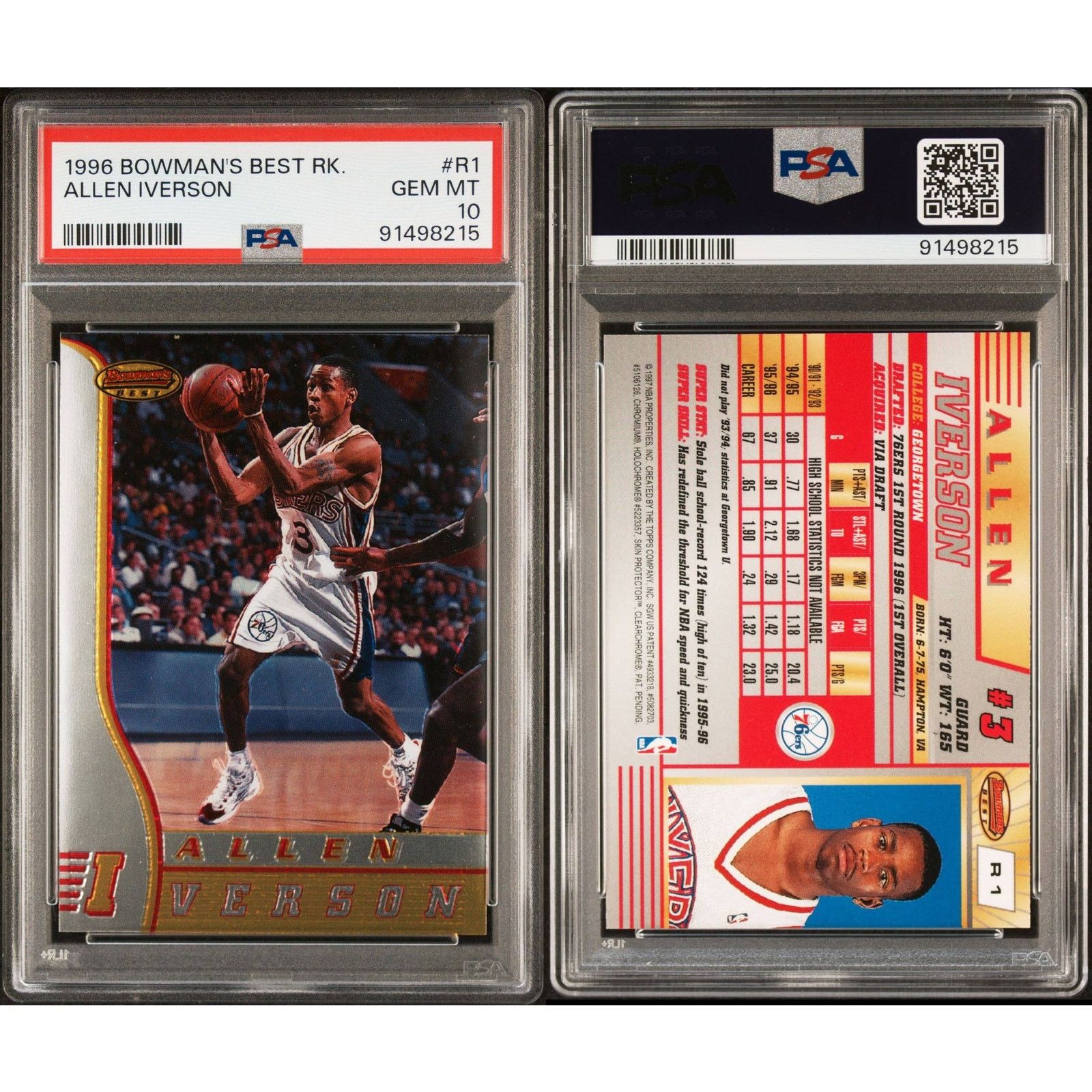 NBA 1996 Bowman's Best Rookie #R1 Allen Iverson PSA 10 Size ONE SIZE - 3 Thumbnail