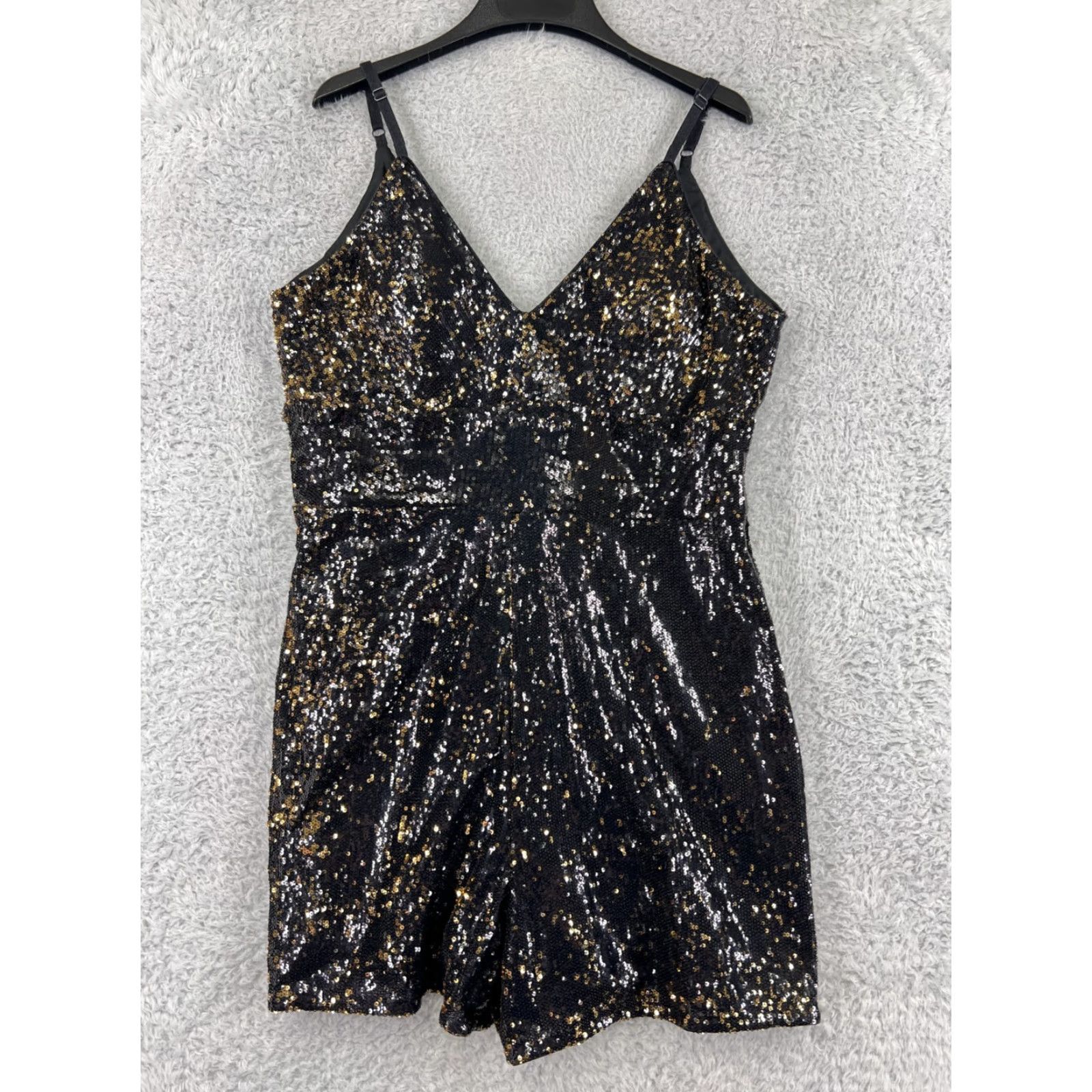 Vintage Leith Dress Womens Small Black Gold Sequin V-Neck Cocktail Polyester Lined Mini Size S / US 4 / IT 40 - 2 Thumbnail
