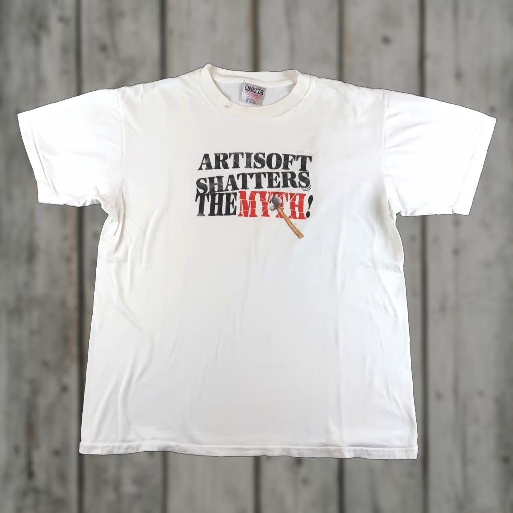 Vintage VINTAGE 90s Oneita Shatters The Myth T Shirt Networking Mens Size XL White USA Nike? Size US XL / EU 56 / 4 - 1 Thumbnail