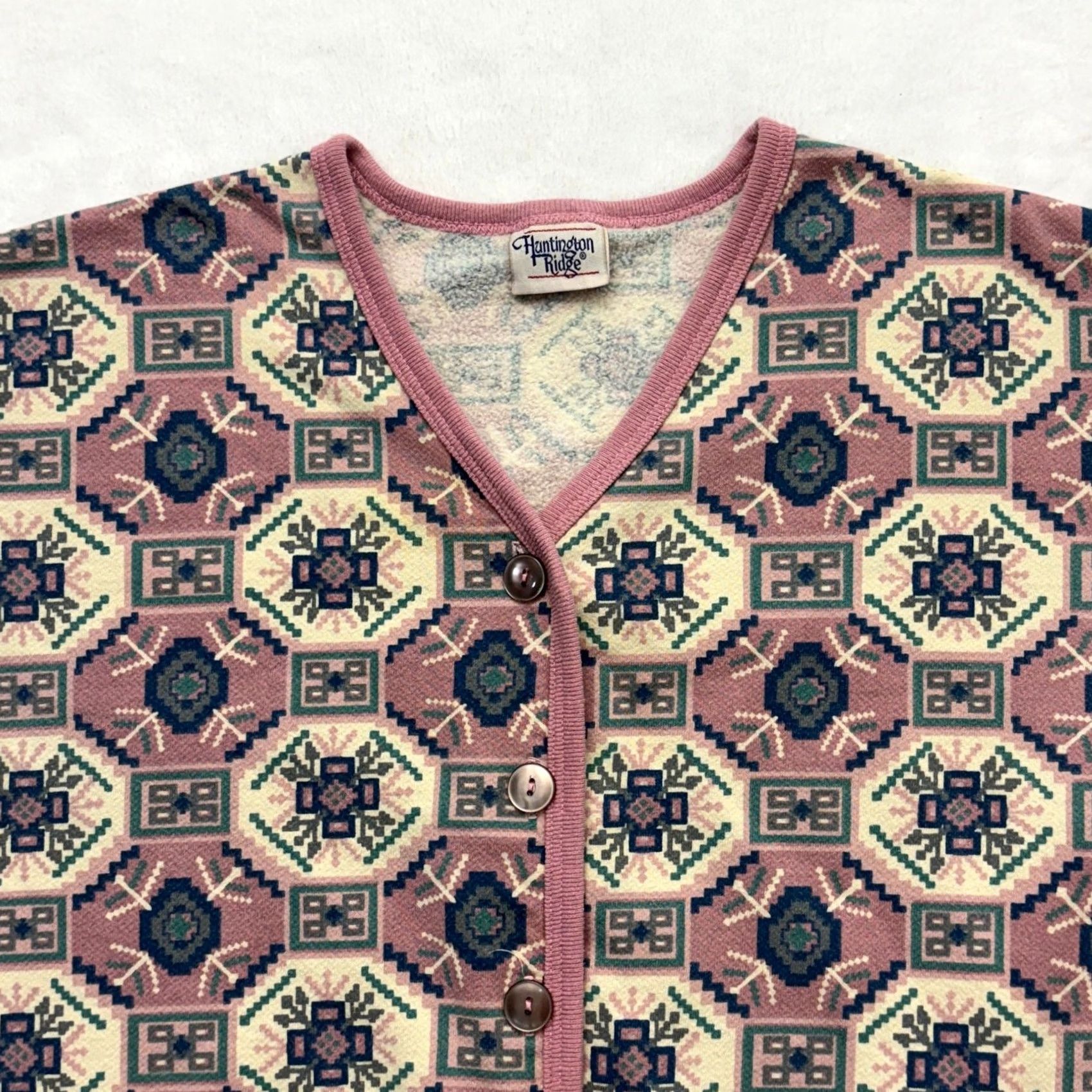 Pinko VINTAGE Shirt Womens L Pink Tribal Print Cardigan Green Western Fleece Button Sweatshirt Size L / US 10 / IT 46 - 7 Thumbnail