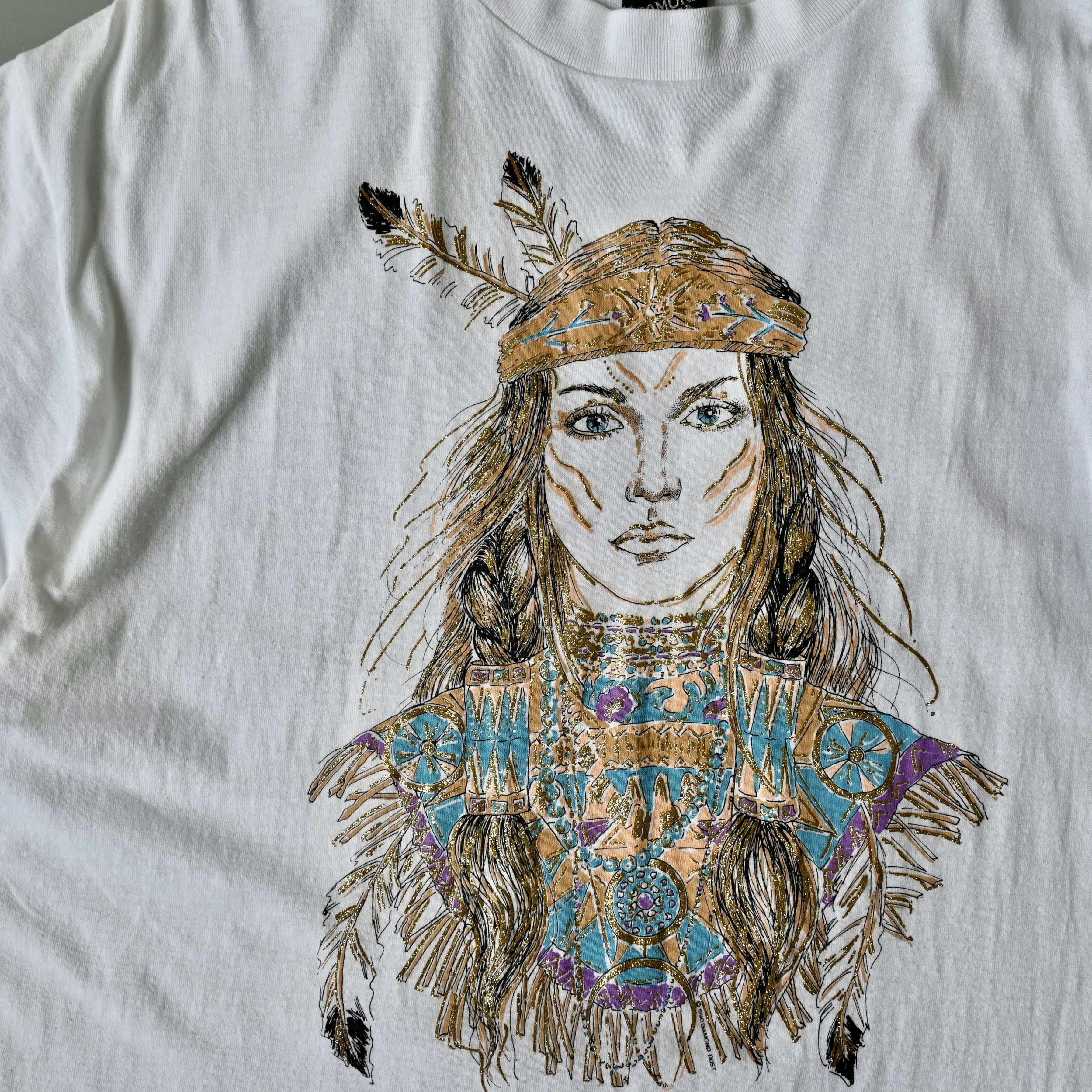 VTG 1990 DIAMOND DUST Glittered Native Lady T-shirt XL