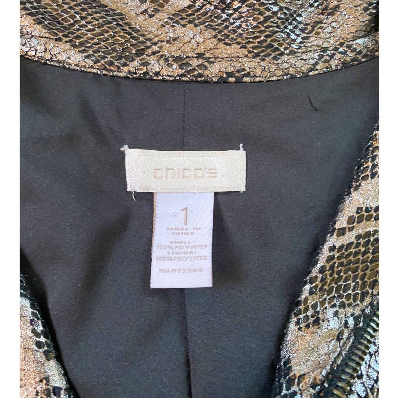 Chicos Chico’s Black Bronze Metallic Zip Jacket Snake Python Print Size M / US 6-8 / IT 42-44 - 11 Thumbnail