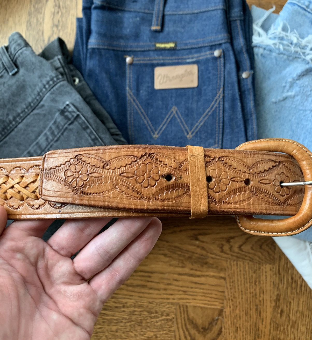 Vintage 1970s Tooled Leather Belt Vintage Weave 70s Big XL 40 Hippie Size ONE SIZE - 9 Thumbnail