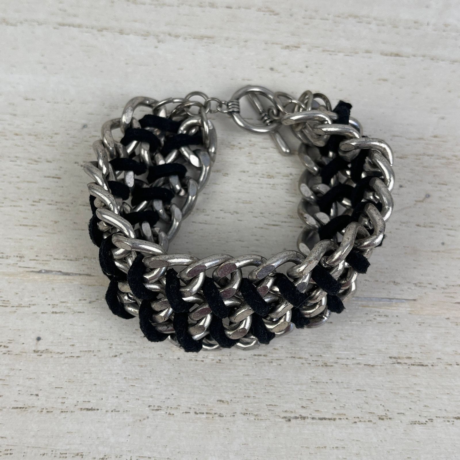 Other Silver Tone Chain Link Bracelet Black Braided Faux Leather Size ONE SIZE - 1 Thumbnail