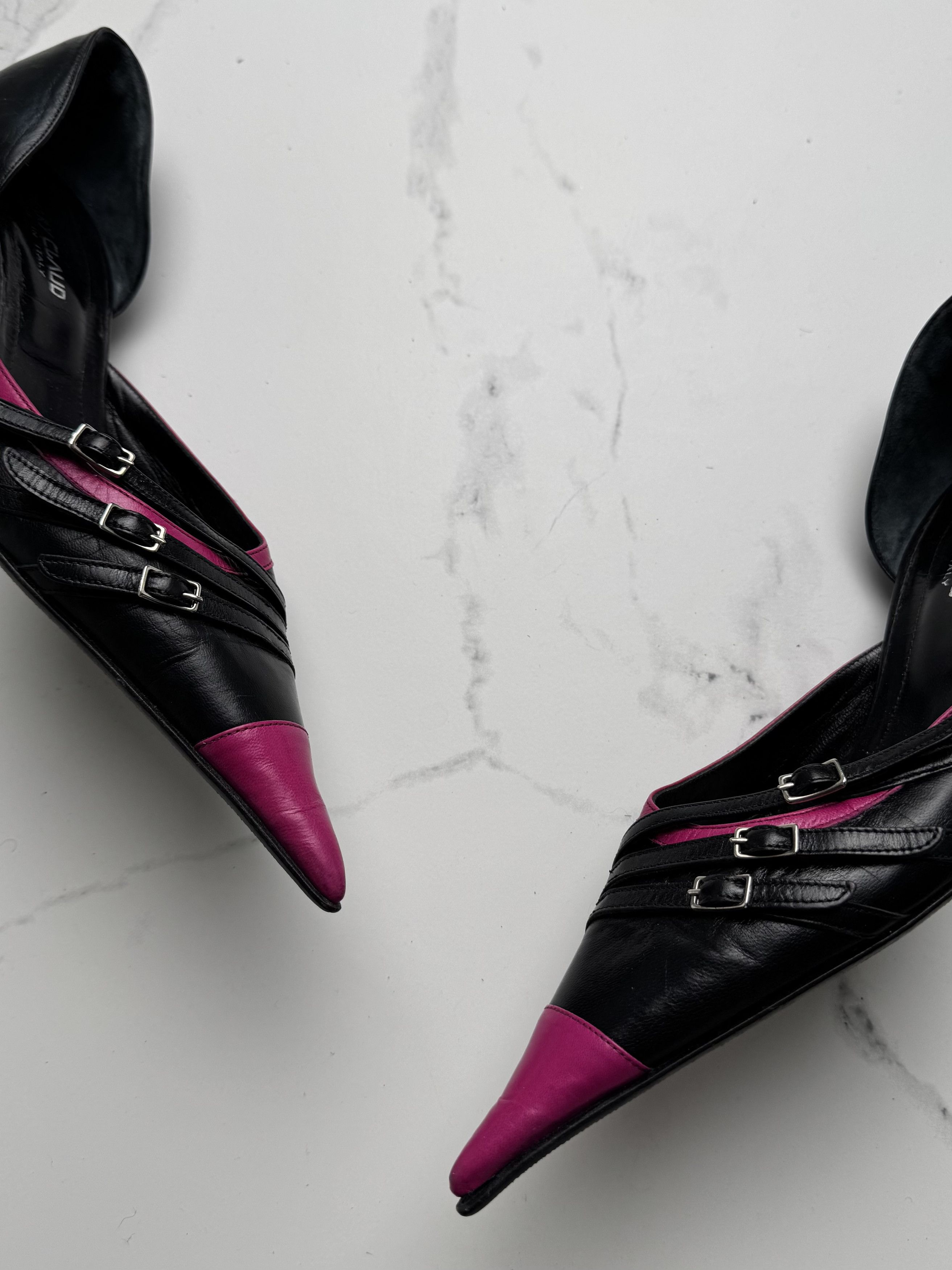 Other Vintage Black Pink Pointed Toe Stiletto Heels Buckle Pumps Size US 7 / IT 37 - 3 Thumbnail