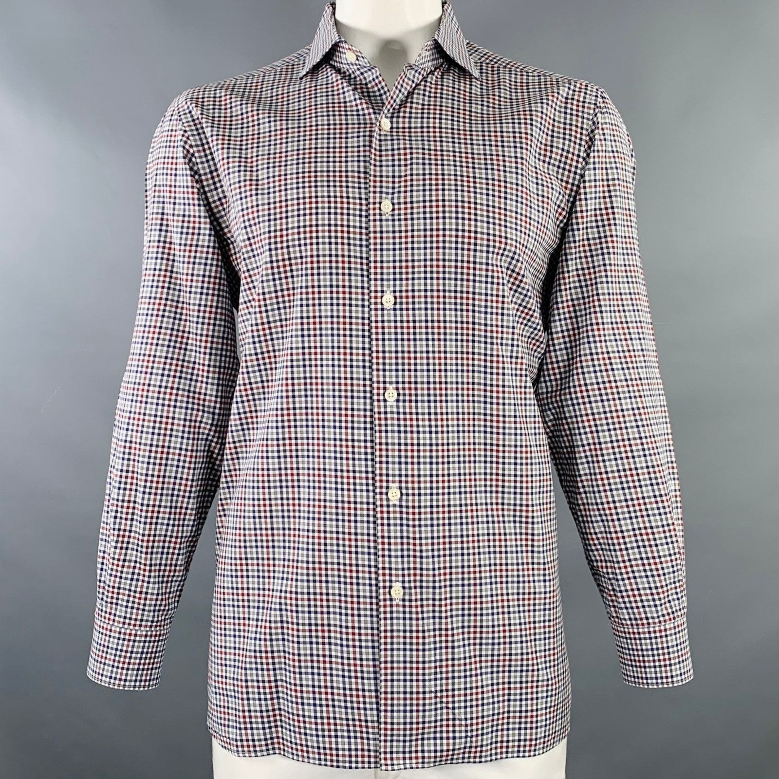 Ermenegildo Zegna Size XL Navy Red Checkered Cotton Long Sleeve Shirt Size US XL / EU 56 / 4 - 1 Thumbnail