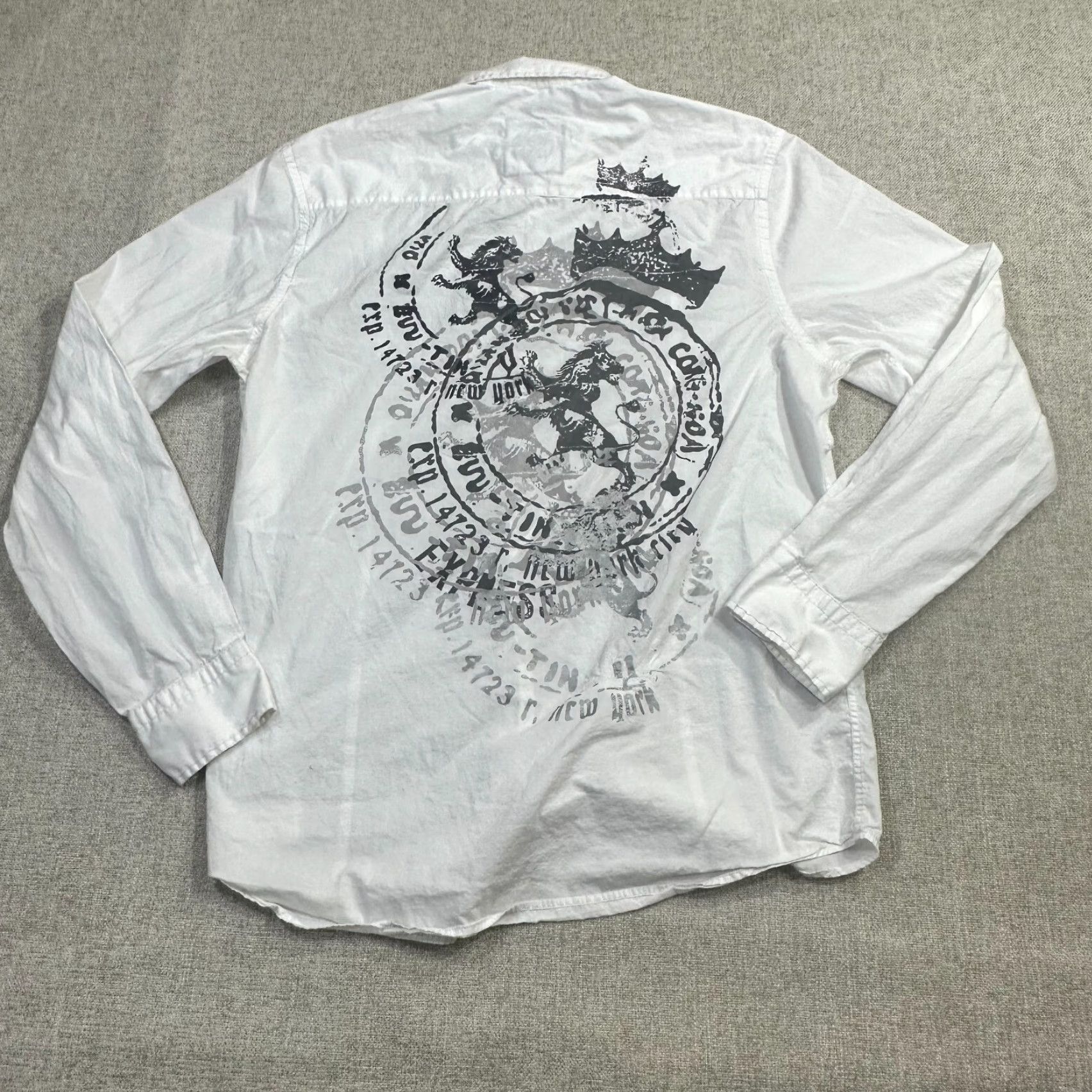 Express Y2K Long Sleeve Graphic Button Up White Men's Large Lightweight Lion NY City Shirt Size US L / EU 52-54 / 3 - 7 Thumbnail