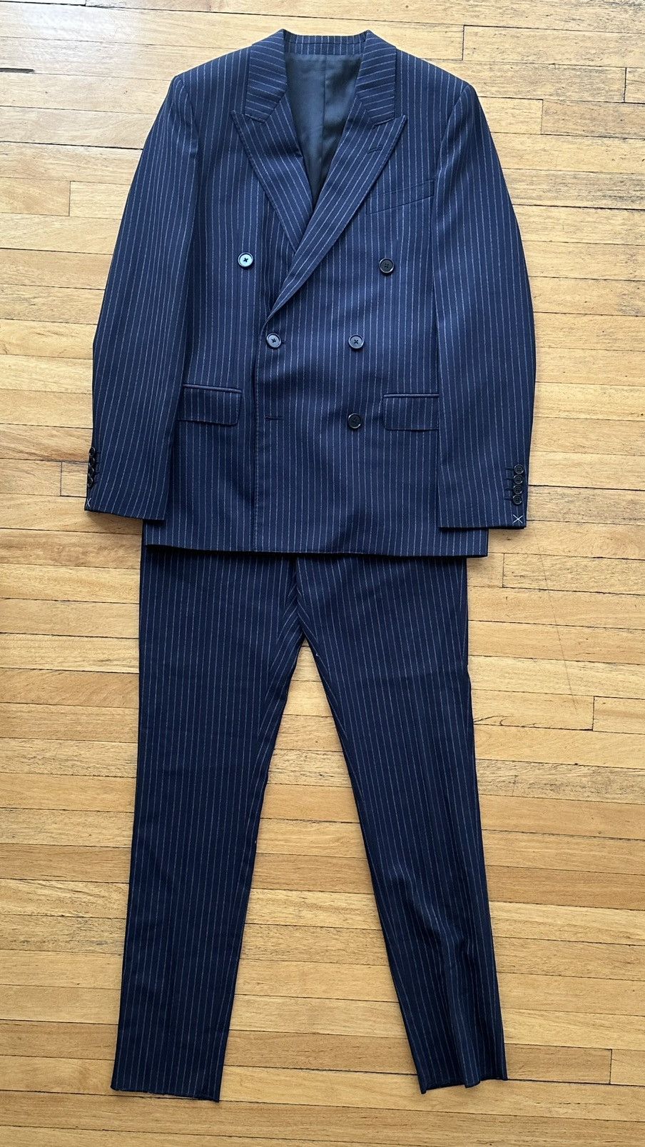 Celine × Hedi Slimane 22SS Double Breasted Navy Chalk Stripe Suit Wool Rectangle Size 44R - 20 Thumbnail