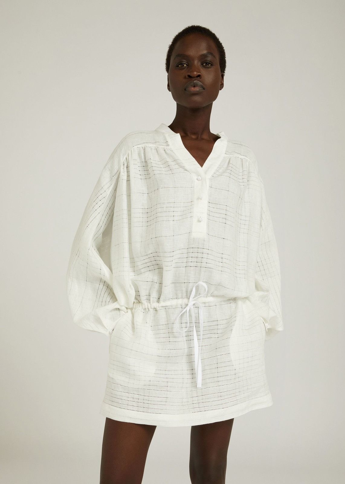Loro Piana o1srvl11e0824 Brita Needle Linen Mini Dress in White Size L / US 10 / IT 46 - 2 Thumbnail