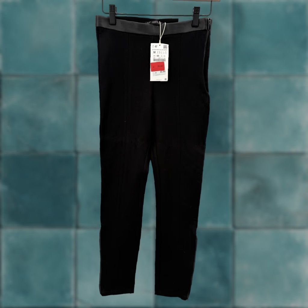Zara Zara Trafaluc Pants Womens Medium Black Mid Rise Faux Leather Trim Leggings NWT Size 32" / US 10 / IT 46 - 1 Thumbnail