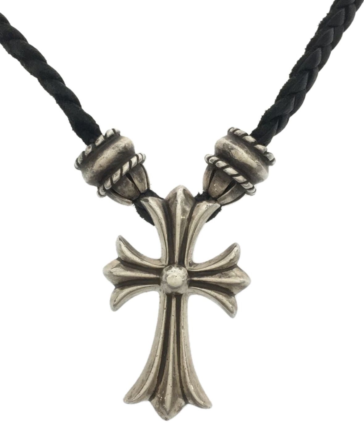 Pre-owned Chrome Hearts Cross Pendant With Leather Braid Rope In Silver