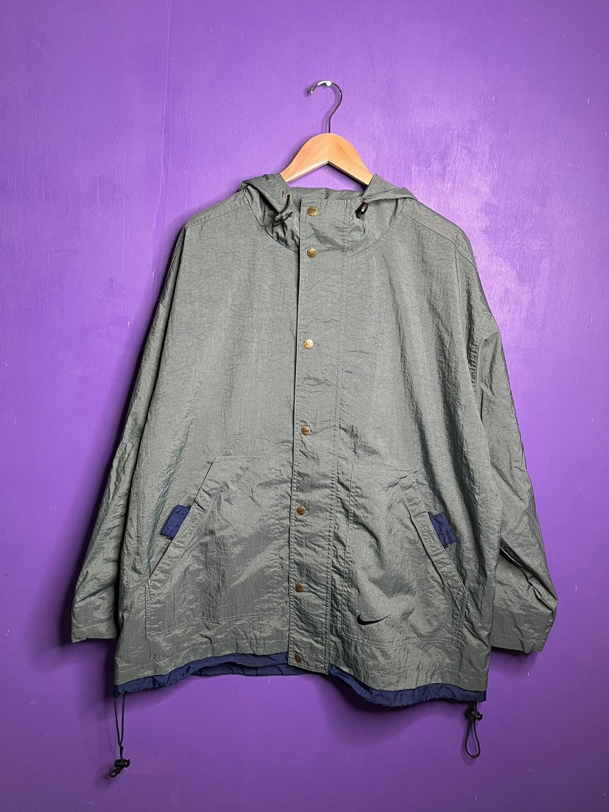 image of Made In USA x Nike Vintage 90's Nike Windbreaker Bottom Logo Trench Jacket in Grey, Men's (Size XL)
