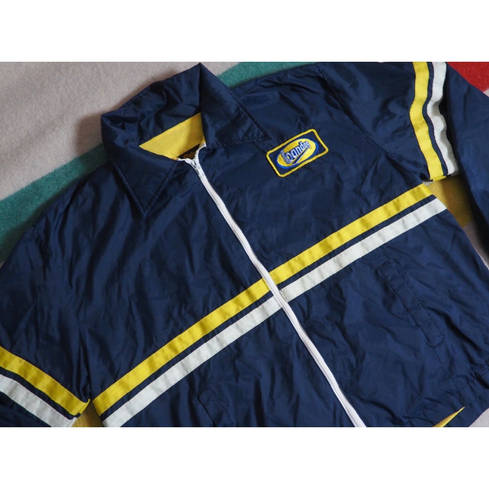 Vintage VTG 70s Swingster BANDOG Navy Blue Yellow Satin Nylon Striped Jacket USA XL Shirt Mens Size US XL / EU 56 / 4 - 2 Thumbnail