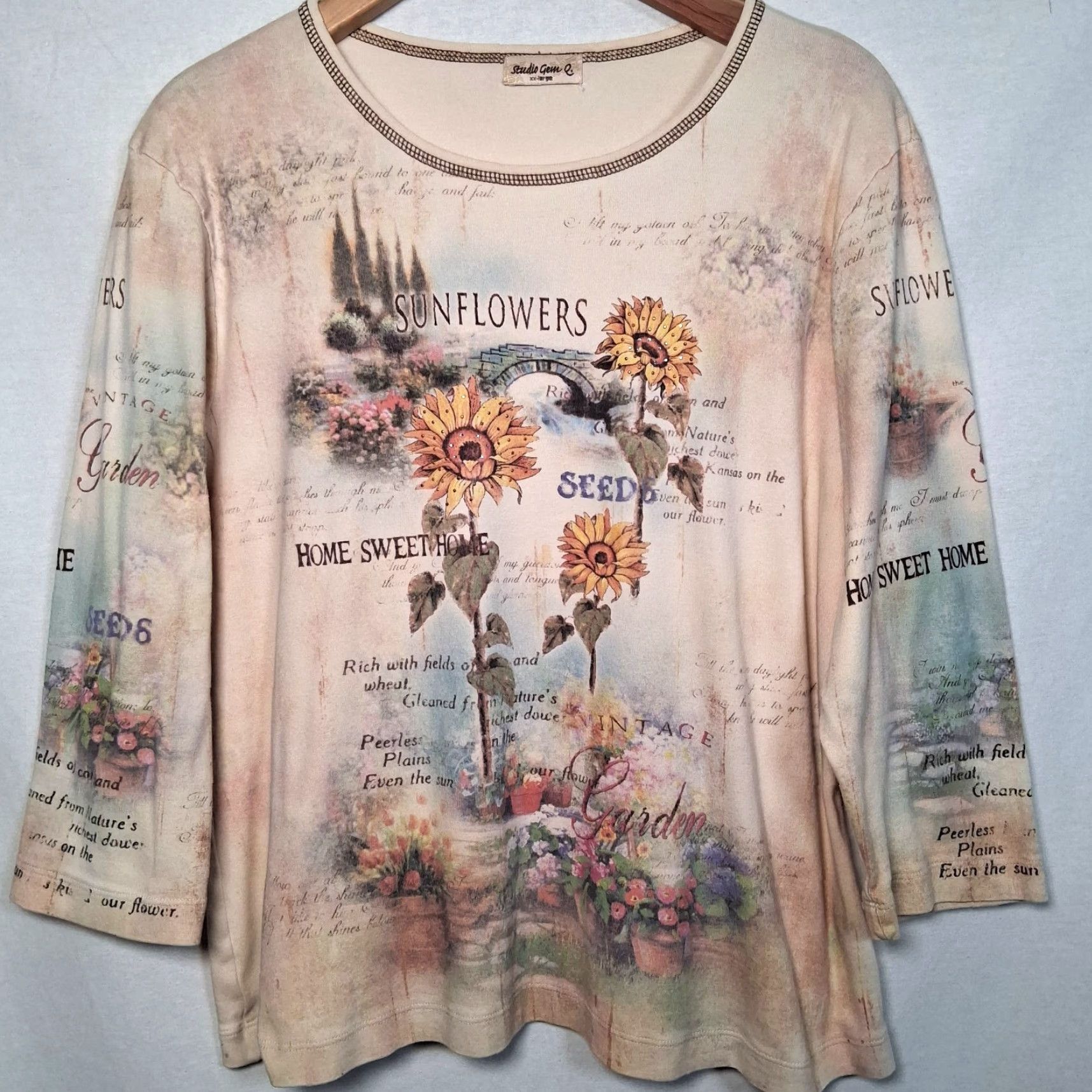 Vintage VINTAGE Studio Gem Sunflower Shirt XXL Womens 3/4 Sleeve Floral Knit Top Beig e Studded Cottagecore Y2K Garden Flower Holiday Casual Size XXL / US 16-18 / IT 52-54 - 2 Thumbnail