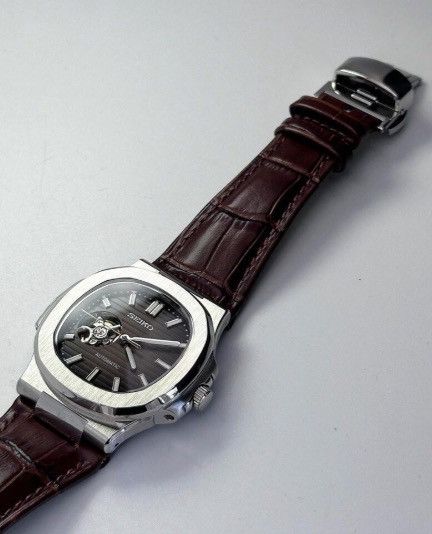 Japanese Brand Seiko Mod Nautilus Brown Dial Steel Watch Leather Strap 41mm Size ONE SIZE - 4 Thumbnail
