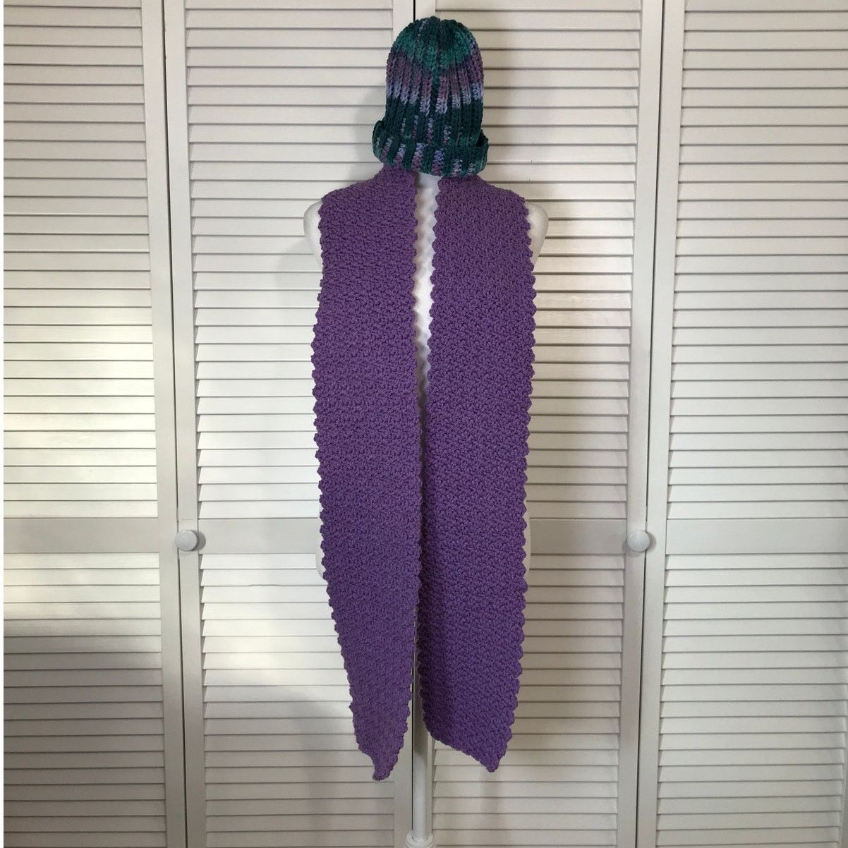 Handmade NWT Handmade Crocheted Purple Green Adult Beanie Scarf 76” Size ONE SIZE - 1 Thumbnail